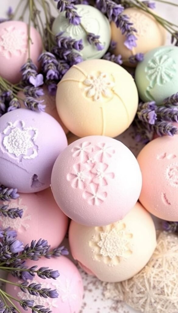Create an image of DIY lavender bath bombs in various pastel colors, surrounded by dried lavender flowers.