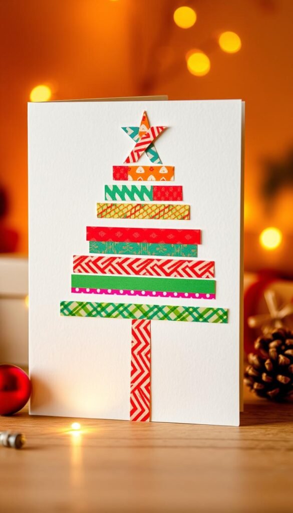 Create an image of a Christmas card with a tree design made from washi tape.