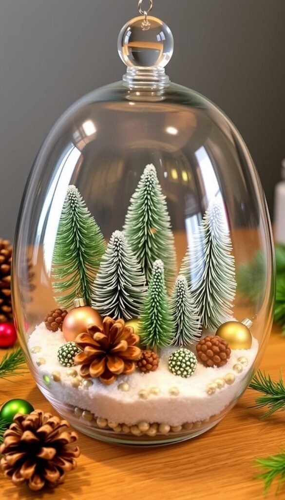 Create an image of a Christmas terrarium with miniature trees, pinecones, and ornaments.
