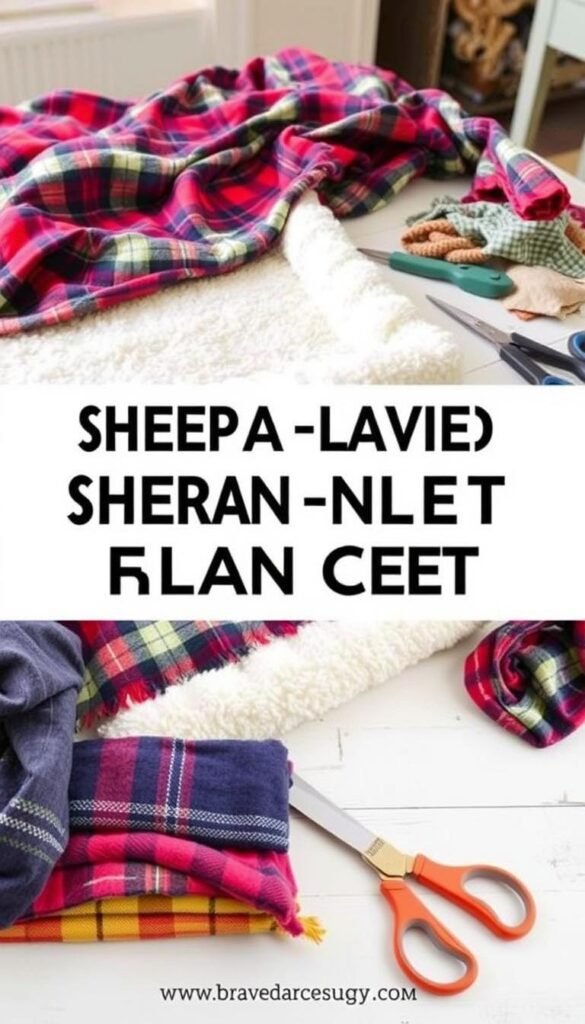 Create an image of a Sherpa lined flannel blanket being made, with fabric and scissors on a crafting table.