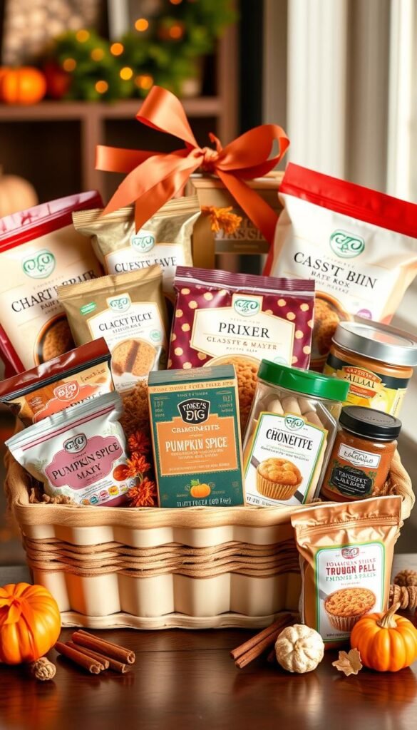 Create an image of a baking gift basket filled with baking mixes, an artisan pie dish, and pumpkin spice-flavored ingredients.