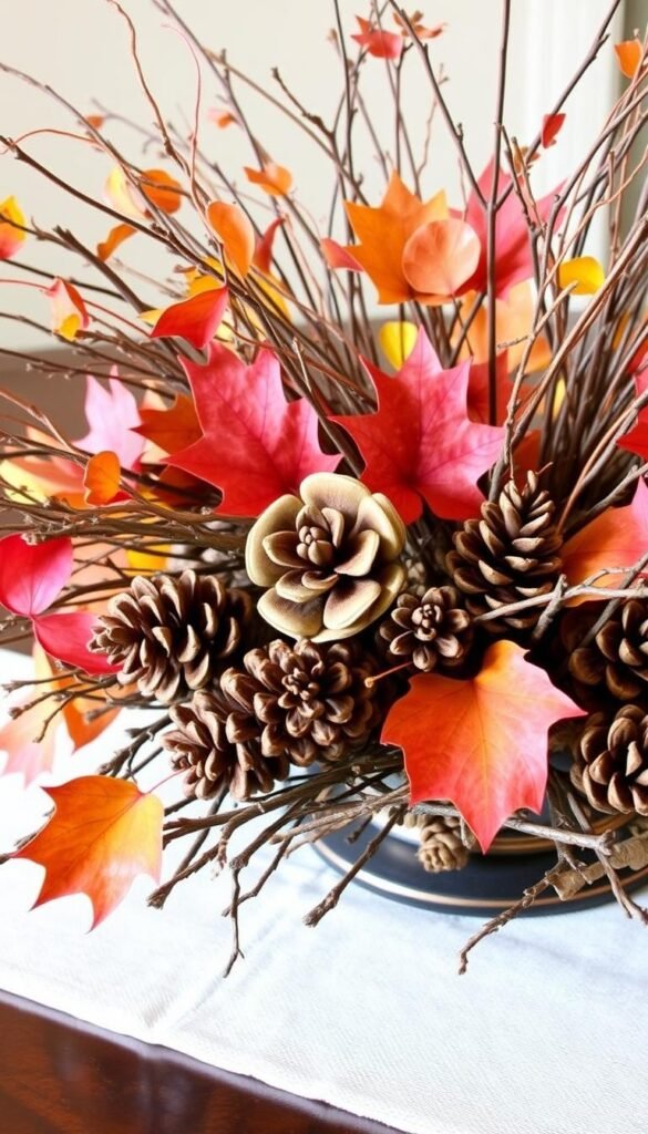 Create an image of a beautiful fall centerpiece using natural elements like pinecones, leaves, and twigs.