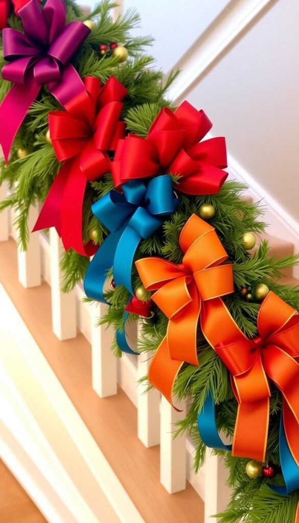 Create an image of a beautiful ribbon bow garland on a staircase.