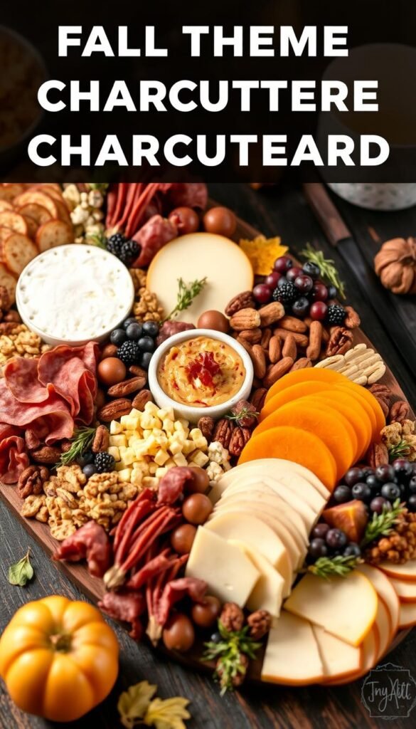Create an image of a beautifully arranged fall-themed charcuterie board with a variety of cured meats, cheeses, and accompaniments.