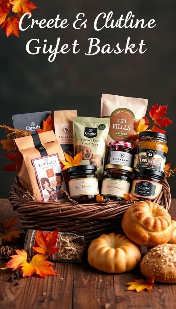 Create an image of a beautifully arranged gift basket with autumn-themed items, including coffee, jams, and pastries.