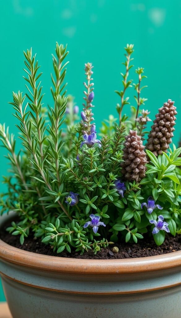 Create an image of a beautifully decorated herb planter with a mix of rosemary, thyme, and sage.