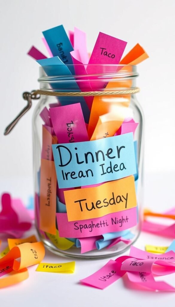 Create an image of a beautifully decorated jar filled with slips of paper containing different dinner ideas, such as "spaghetti night" or "taco Tuesday."
