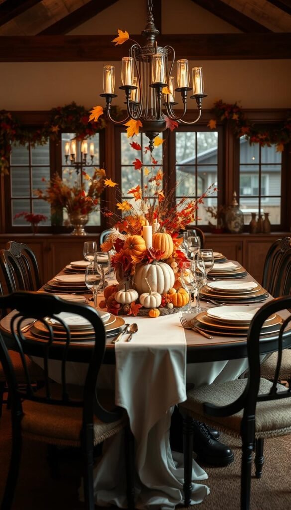 Create an image of a beautifully set fall table with a centerpiece
