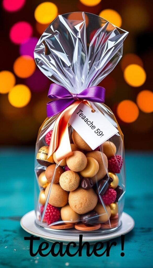Create an image of a beautifully wrapped edible gift for a teacher.