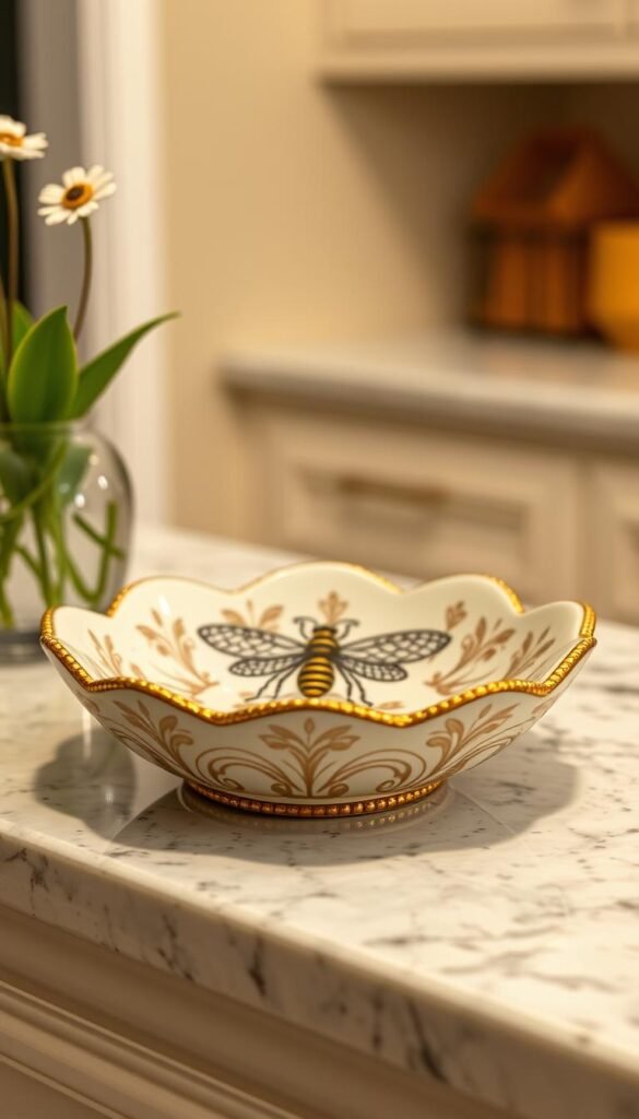 Create an image of a bee-inspired ring dish on a kitchen counter or nightstand.