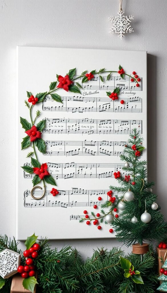 Create an image of a canvas with a Christmas-themed design made from sheet music.