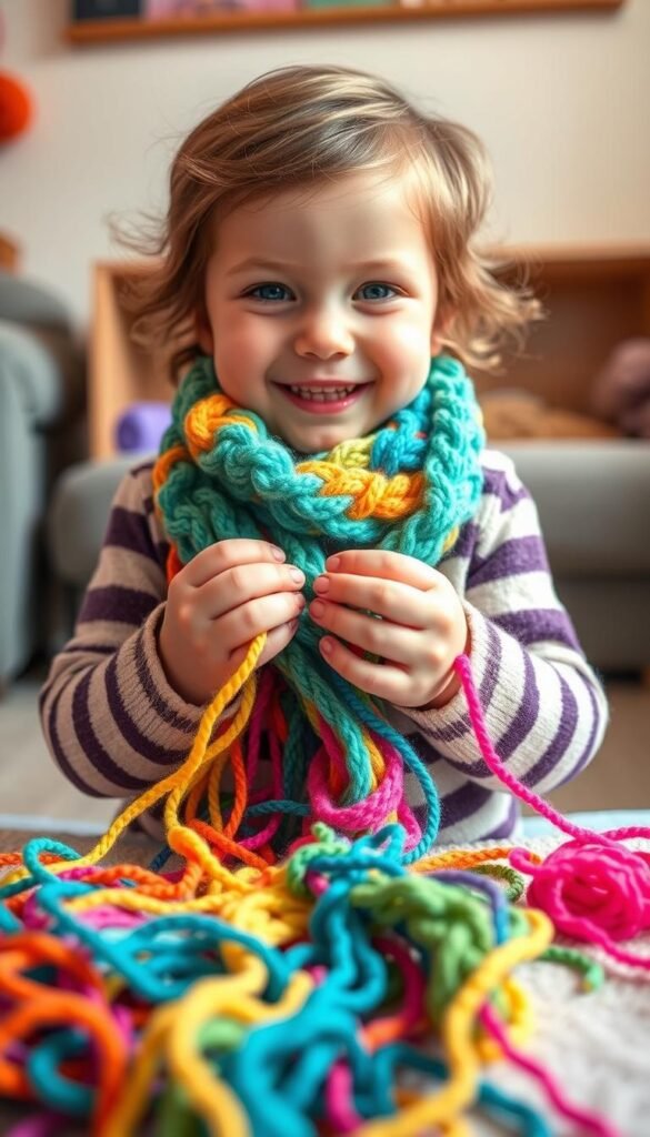 Create an image of a child finger-knitting a scarf.