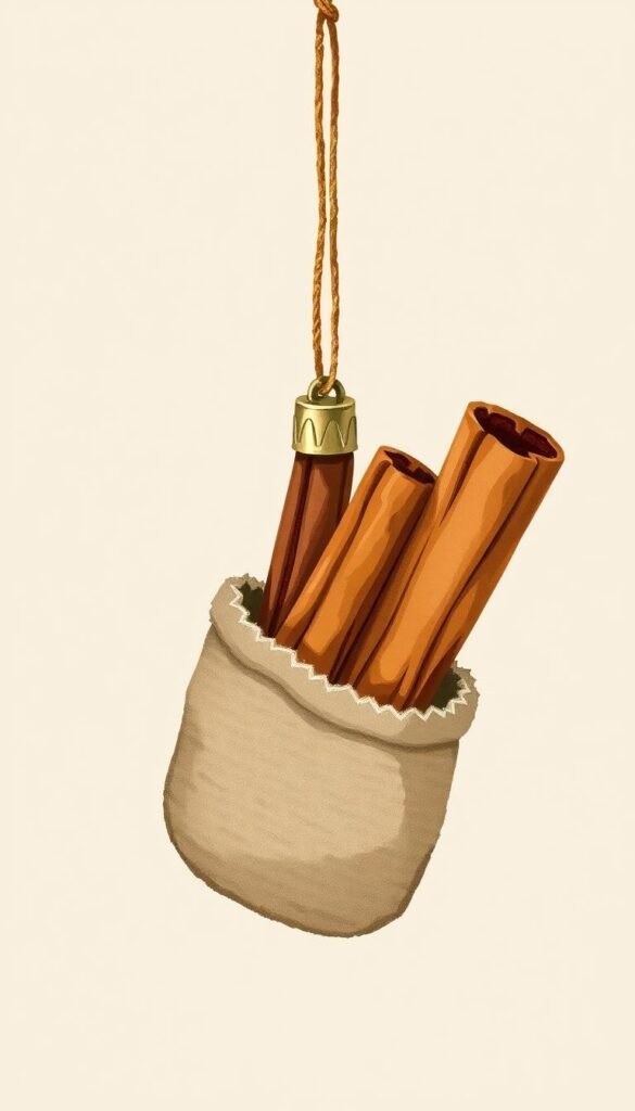 Create an image of a cinnamon stick ornament with a fabric carrier.