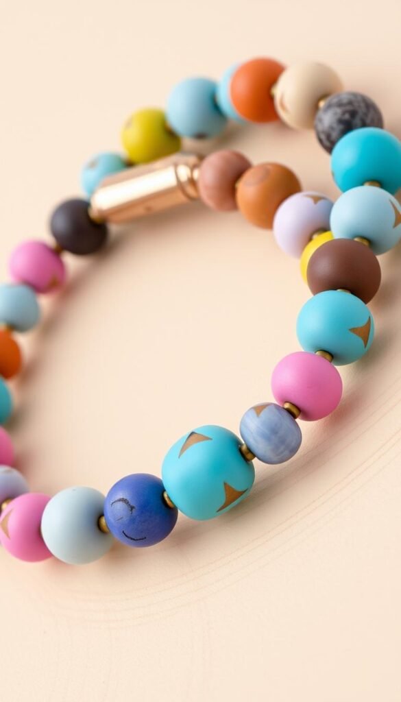 Create an image of a clay bead bracelet with different colored beads and a simple clasp.