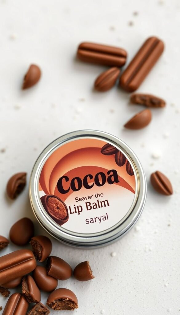 Create an image of a cocoa lip balm in a small tin with a custom label featuring a chocolate-themed design.