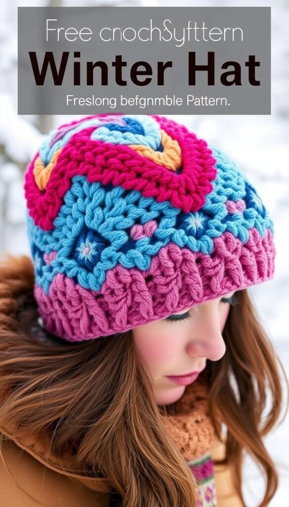 Create an image of a crocheted winter hat with a simple, beginner-friendly pattern.
