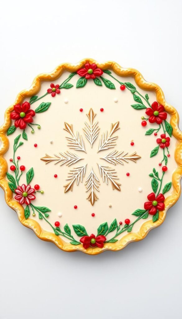Create an image of a decorated Christmas pie plate with a festive design.
