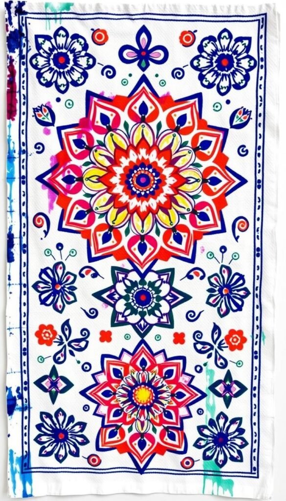 Create an image of a decorated tea towel with fabric paint.