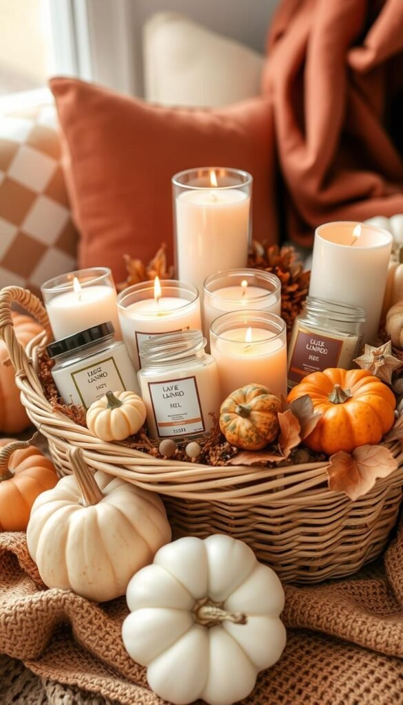 Create an image of a decorative basket filled with scented candles, pumpkin accents, and seasonal textiles.
