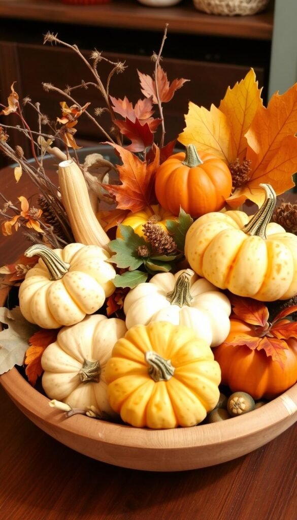 Create an image of a dough bowl arrangement with pumpkins, gourds, and fall elements.