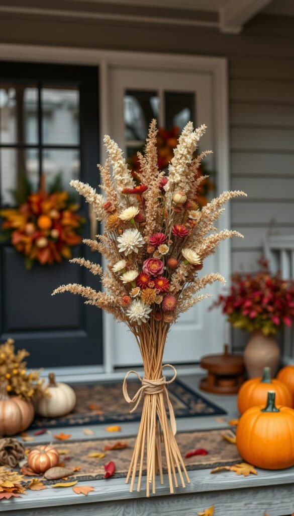 Create an image of a dried flower bouquet on a fall-themed porch.