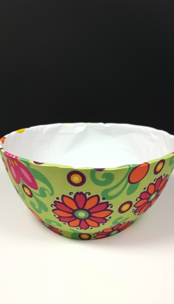 Create an image of a fabric paper mache bowl with a unique fabric pattern.