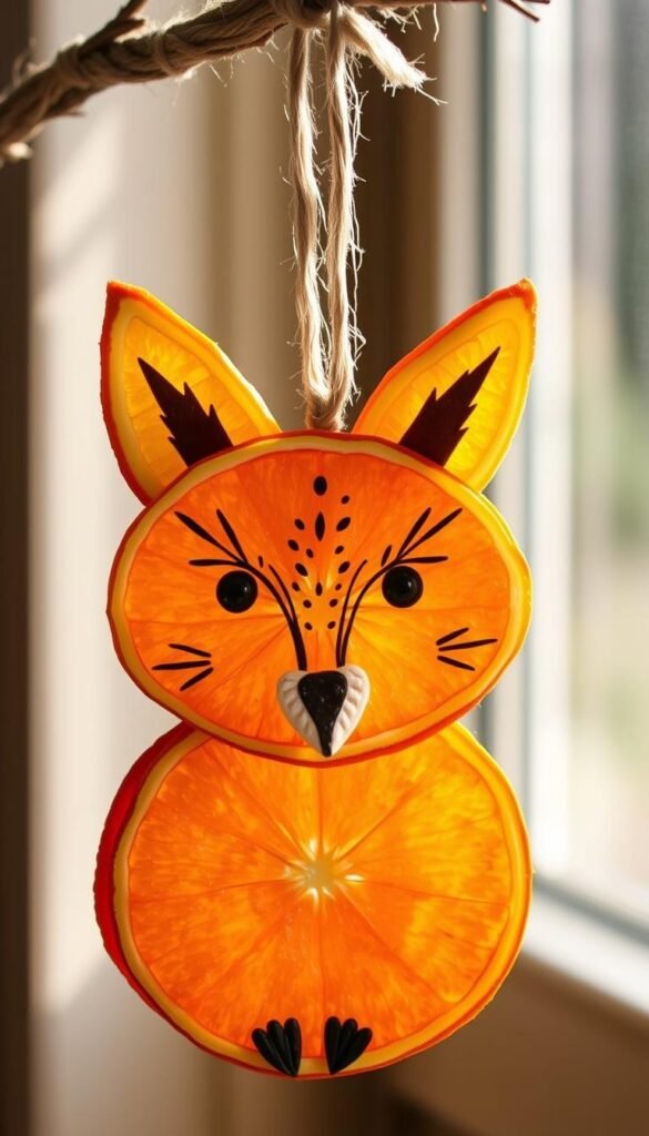 Create an image of a fox ornament made from dried orange slices, with painted features and hung with twine.