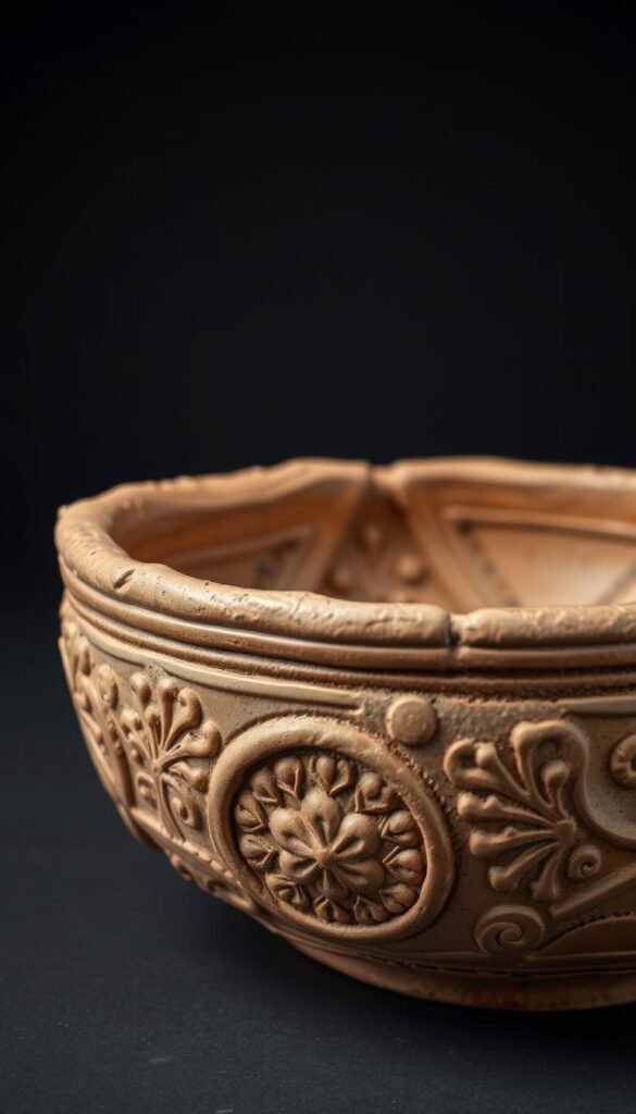 Create an image of a handmade air-dry clay bowl with intricate designs.