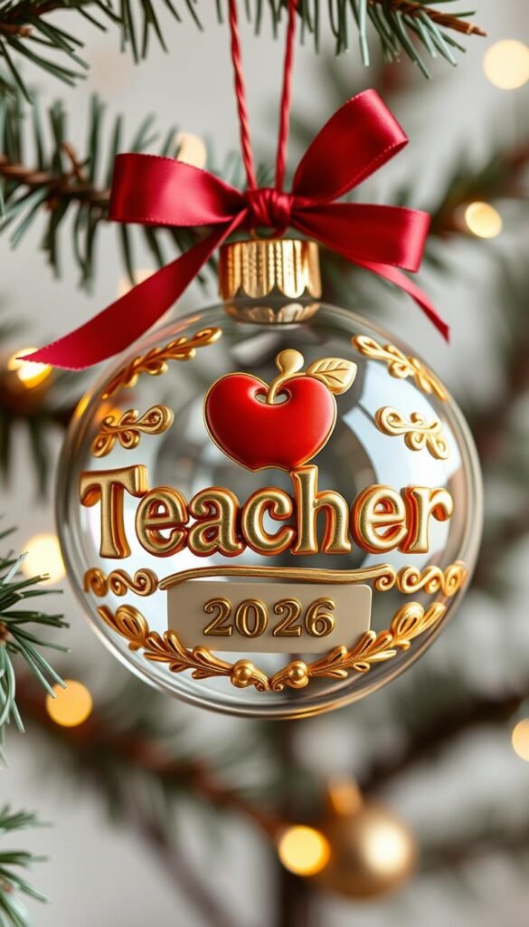 Create an image of a handmade, personalized ornament with a teacher's name and the class year.
