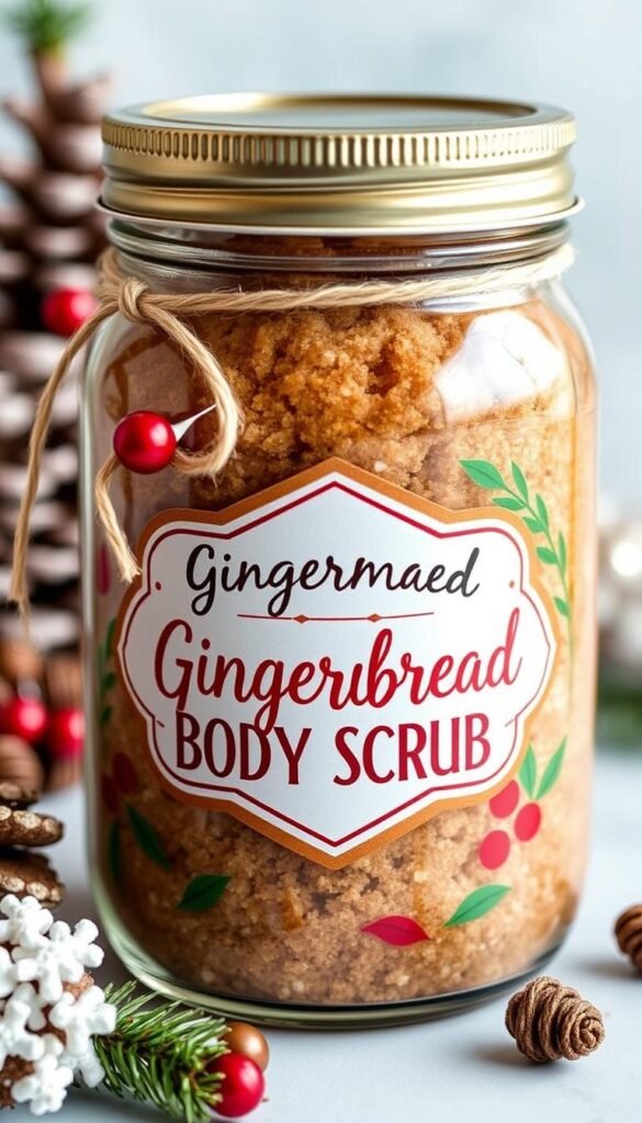 Create an image of a homemade gingerbread body scrub in a decorative jar with a festive label.