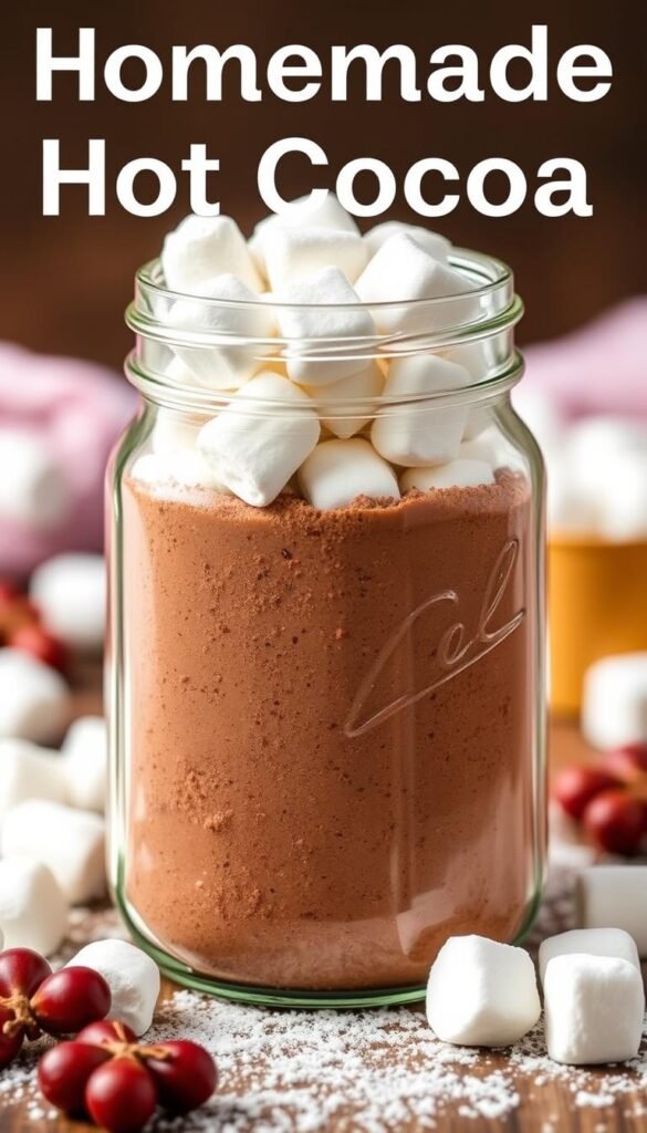 Create an image of a jar filled with homemade hot cocoa mix and topped with marshmallows