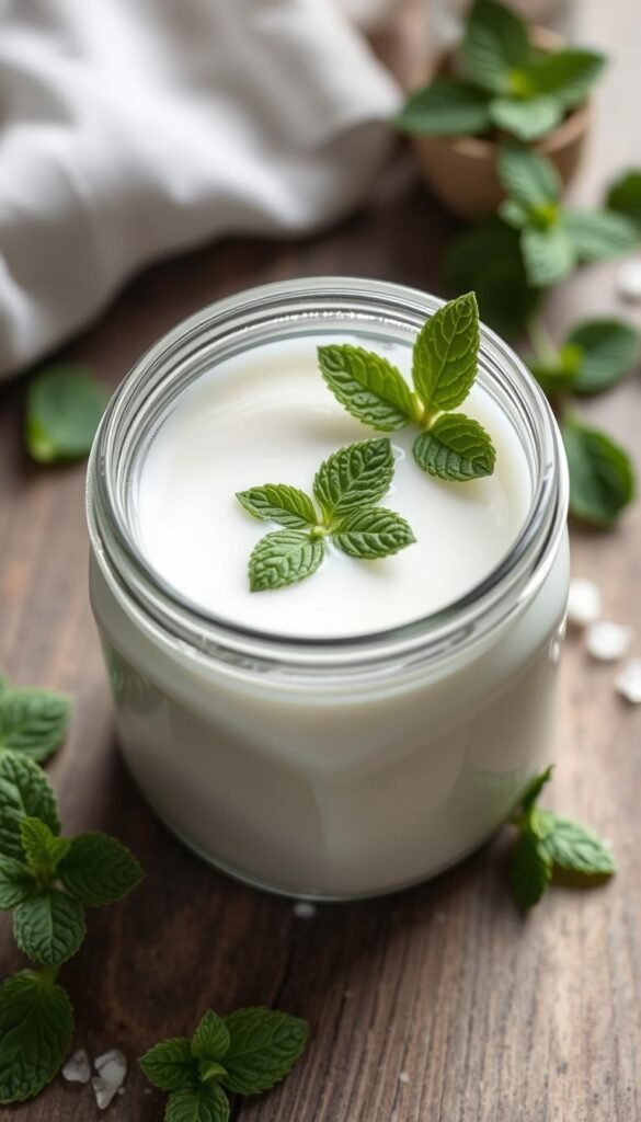 Create an image of a jar filled with milk bath mixture and peppermint leaves.