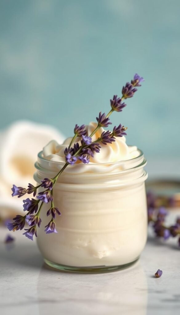 Create an image of a jar of whipped lavender body butter with a lavender sprig on top.
