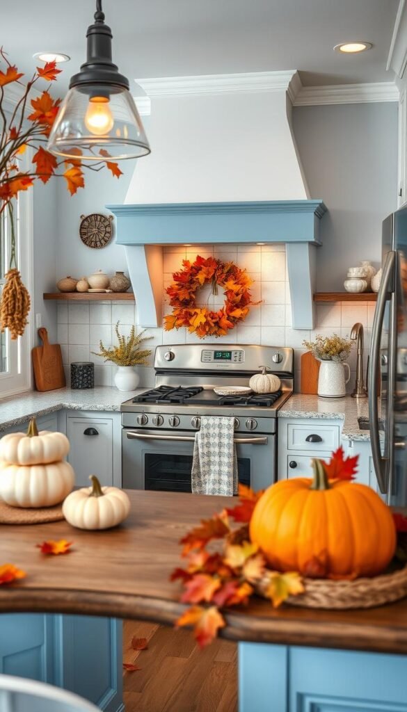 Create an image of a kitchen with blue and white decor and fall elements like pumpkins and leaves.