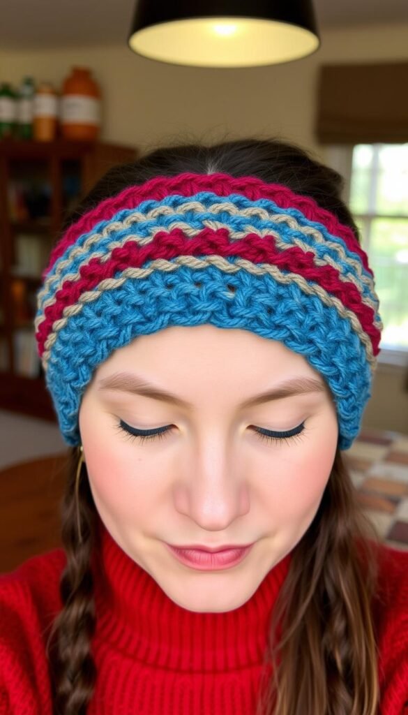 Create an image of a knitted headband being worn.