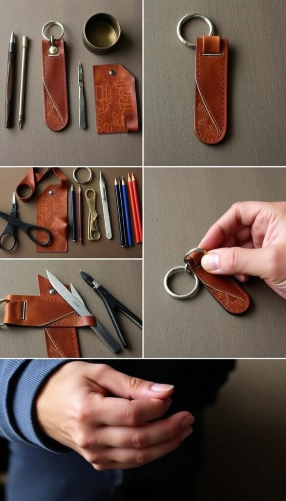 Create an image of a leather keychain being crafted