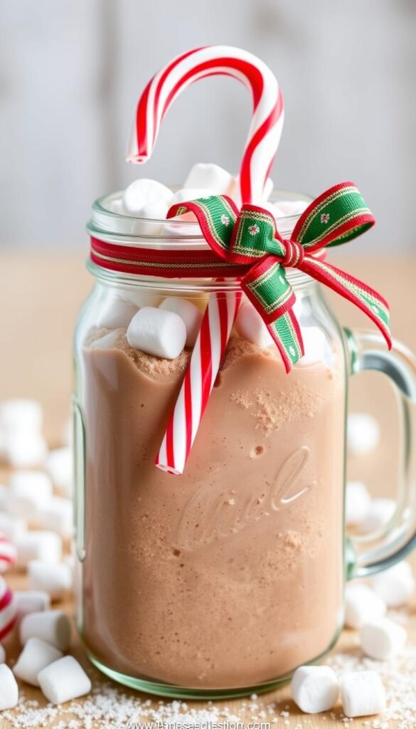 Create an image of a mason jar filled with hot cocoa mix, topped with marshmallows and a candy cane, and decorated with a festive bow.