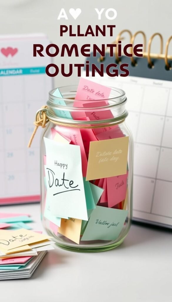 Create an image of a mason jar filled with slips of paper, each with a date idea written on it, alongside a calendar or planner.