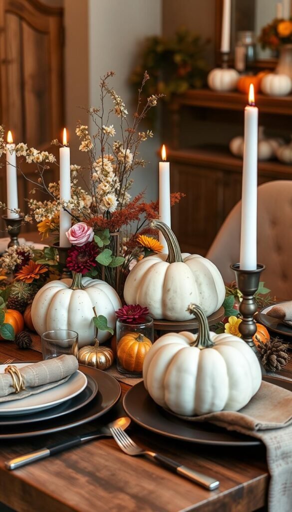 Create an image of a modern fall tablescape with natural elements like pumpkins, flowers, and candles.