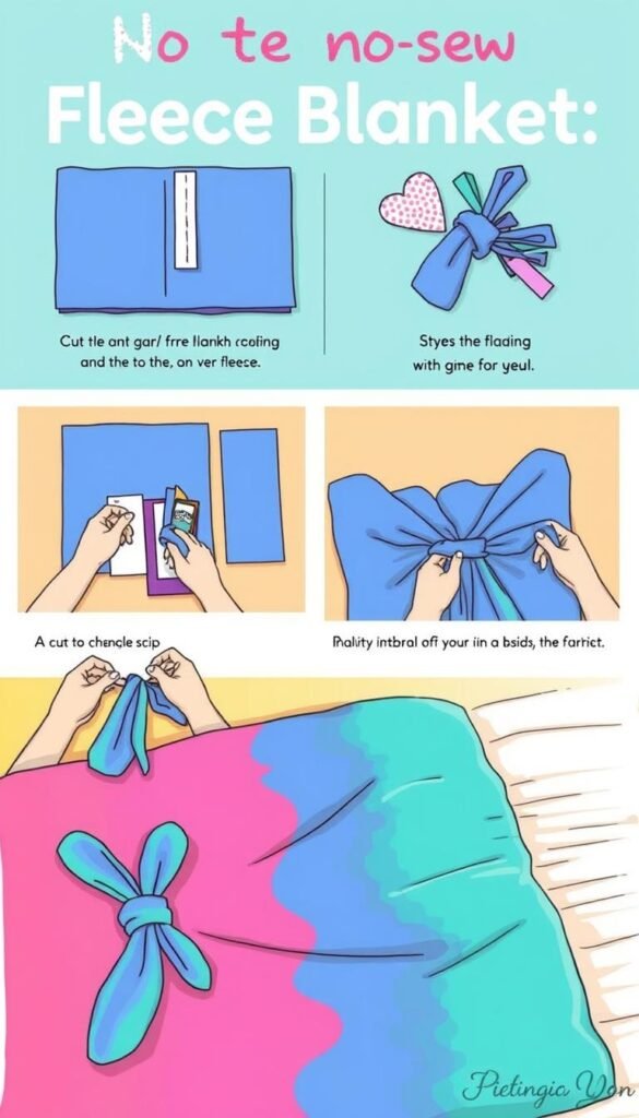 Create an image of a no-sew fleece blanket being made.