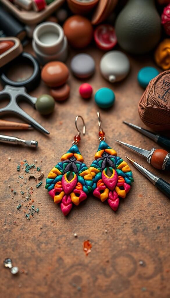 Create an image of a pair of polymer clay earrings being made.