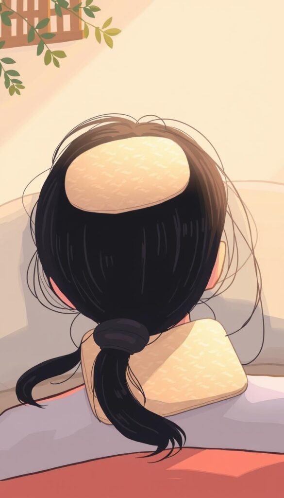Create an image of a person holding a rice heating pad against their neck, with a peaceful background.