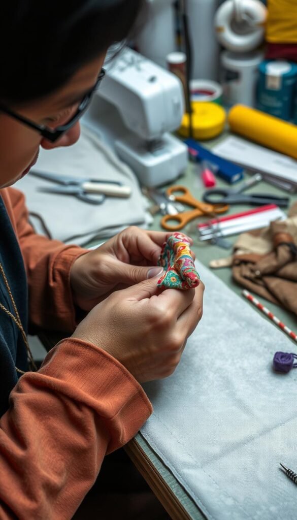 Create an image of a person sewing a small fabric pouch.
