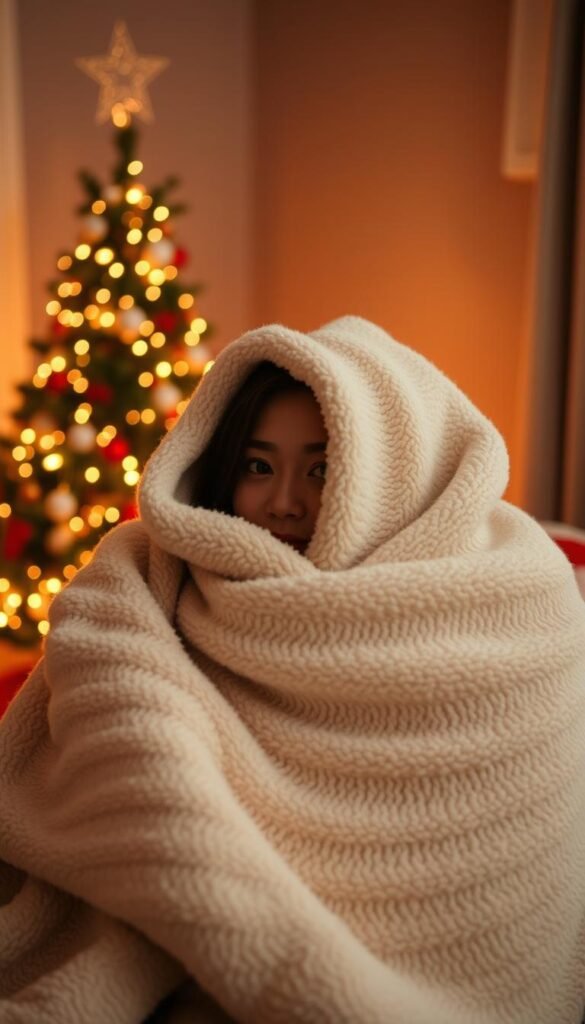 Create an image of a person snuggling with a fleece blanket, with a Christmas tree in the background.
