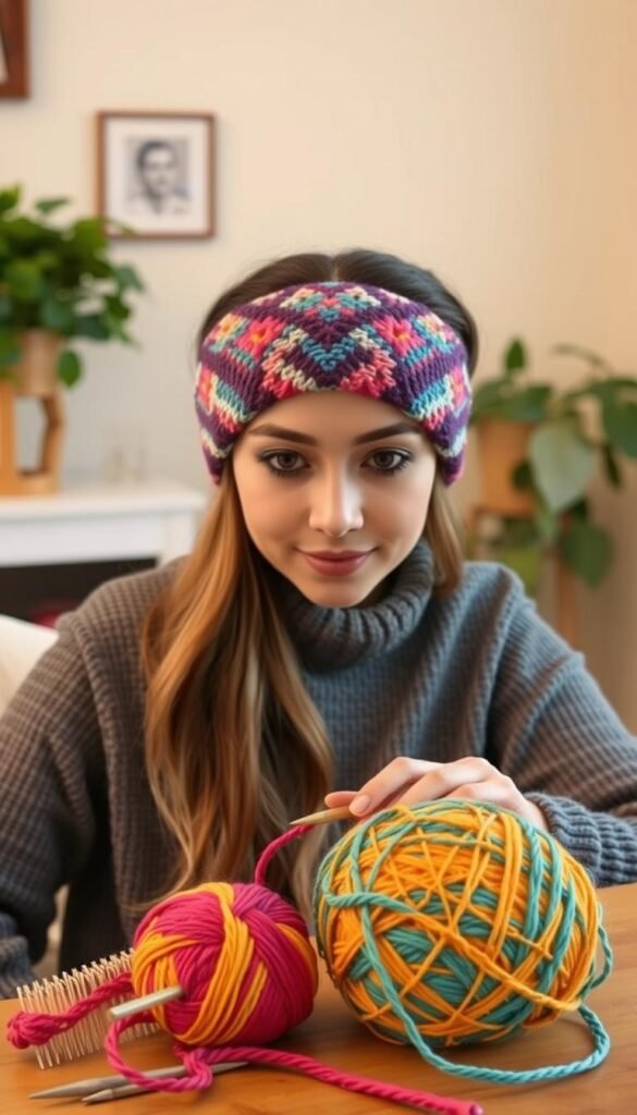 Create an image of a person wearing a knitted headband, with a ball of yarn and knitting needles nearby.