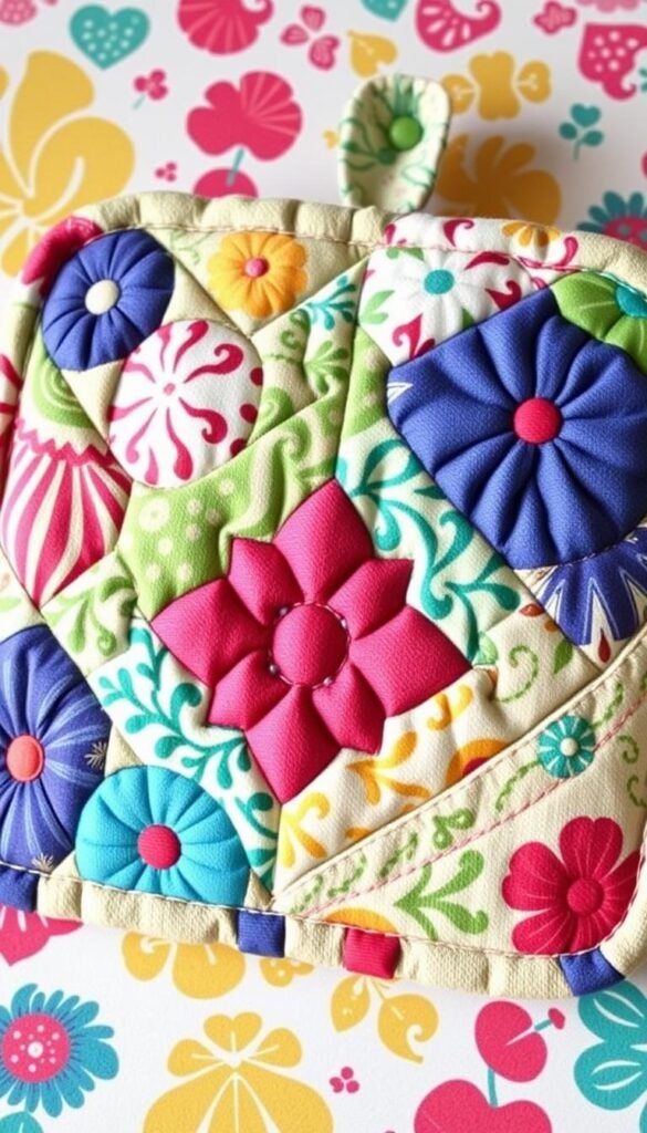 Create an image of a quilted potholder with festive fabric.