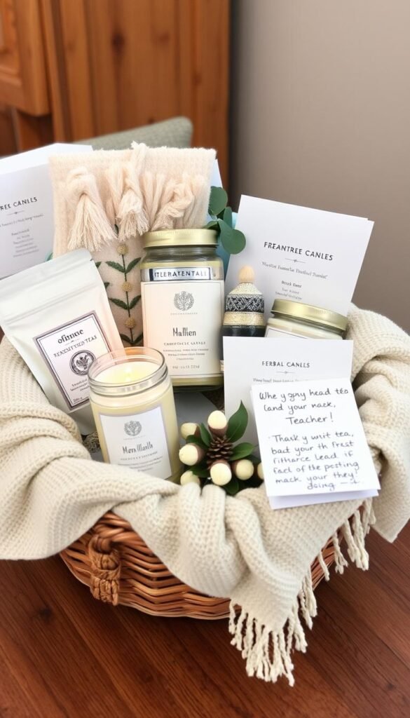 Create an image of a relaxing gift basket for a teacher