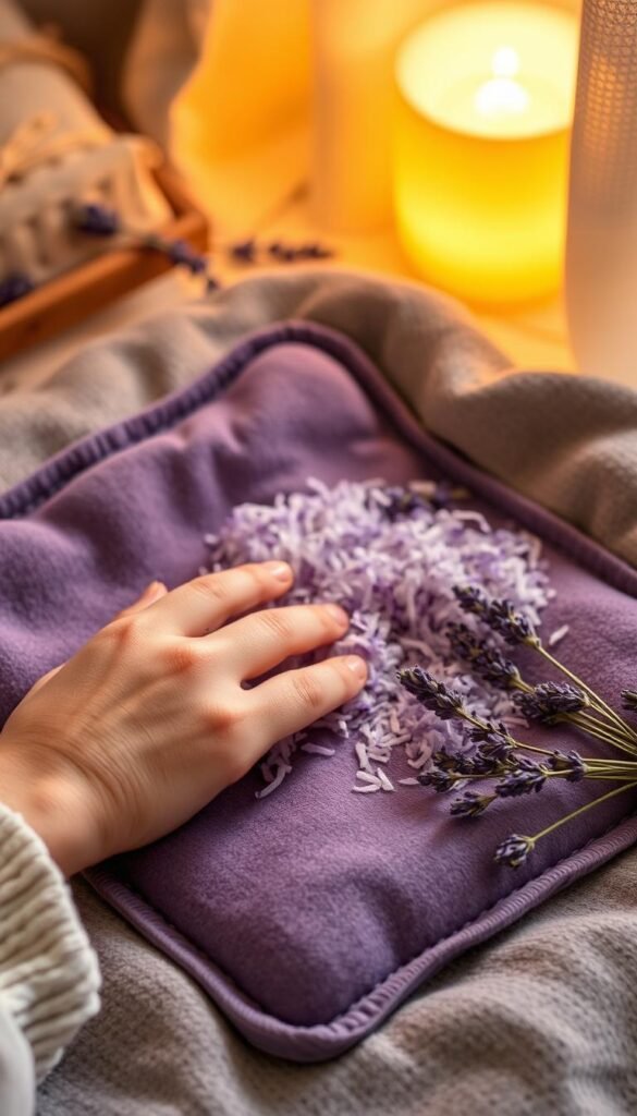 Create an image of a rice heating pad with lavender being used.
