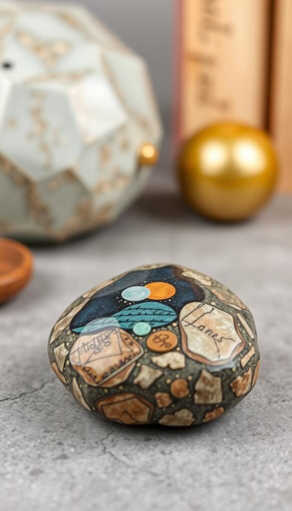 Create an image of a rock with a decoupage photo, used as a paperweight