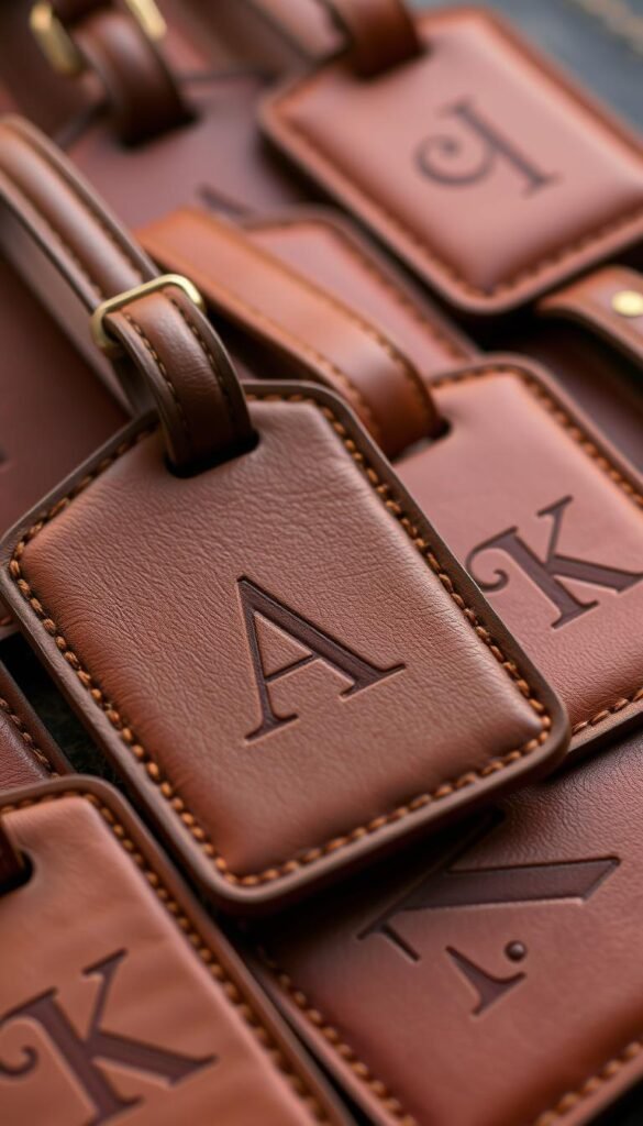 Create an image of a set of handmade leather luggage tags with personalized initials.